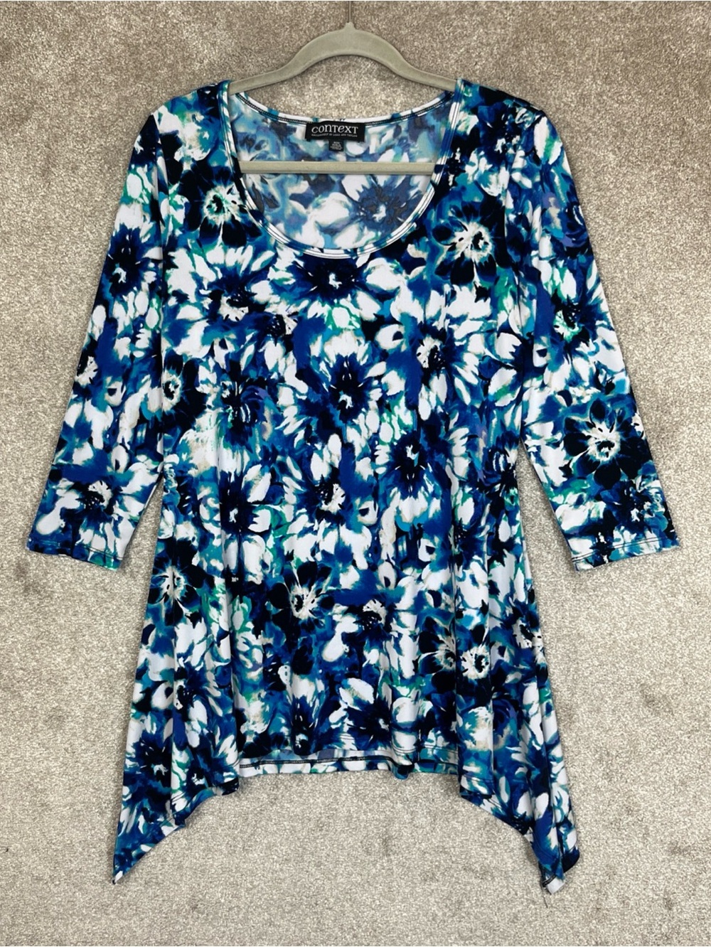 Context Lord & Taylor Tunic Womens Medium Blue Floral 3/4 Sleeve Stretch- 5285